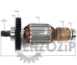 Ротор (Якорь) MAKITA для отбойного молотка HM1304, HM1304B (L-190 мм, D-54 мм, 7 зубов, наклон вправо)