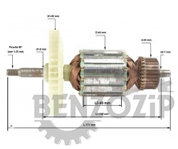 Ротор (Якорь) Black & Decker B&D GK435 (L-171 мм, D-44 мм, резьба М7 (шаг 1.25 мм))