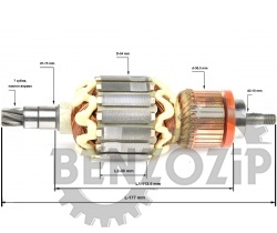 Ротор (Якорь) MAKITA для перфоратора HR4501C, HR4510C, HR4511C (L-177 мм, D-54 мм, 7 зубов, наклон вправо) ОРИГИНАЛ