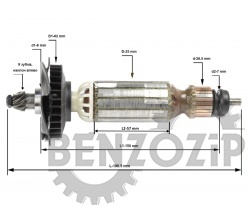 Ротор (Якорь) DeWalt для машины шлифовальной угловой (L-198.5 мм, D-35 мм, 9 зубов, наклон влево)